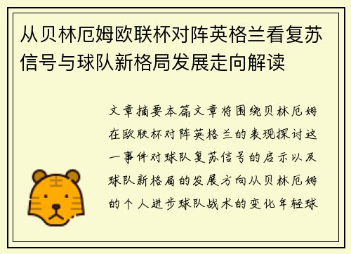 从贝林厄姆欧联杯对阵英格兰看复苏信号与球队新格局发展走向解读